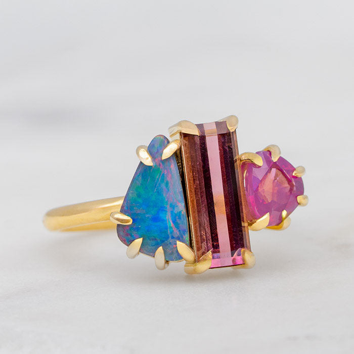 One-off Boulder Opal and Tourmaline Splice Ring in 18ct Yellow Gold, Size P and a half (In Stock)
