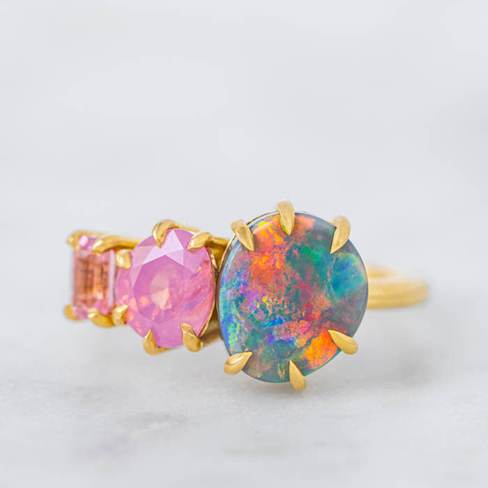 One-off Black Opal, Milky Pink Sapphire and Spinel Splice Ring in 18ct Yellow Gold, Size O and a half (In Stock)