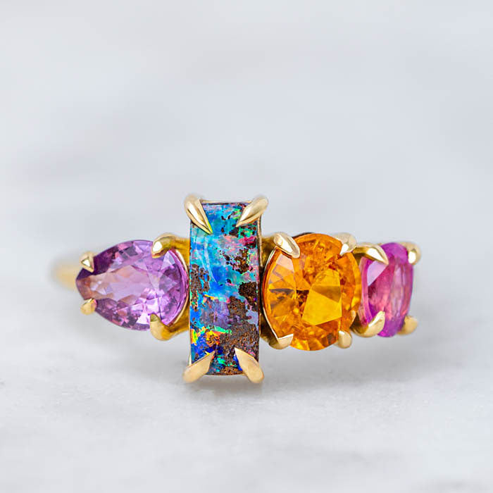 One-off Boulder Opal and Sapphire Splice Ring in 18ct Yellow Gold, Size O (In Stock)