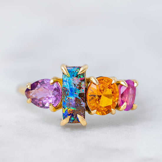 One-off Boulder Opal and Sapphire Splice Ring in 18ct Yellow Gold, Size O (In Stock)