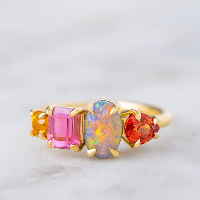 One-off Semi-Black Opal, Sapphire and Tourmaline Splice Ring in 18ct Yellow Gold, Size N (In Stock)