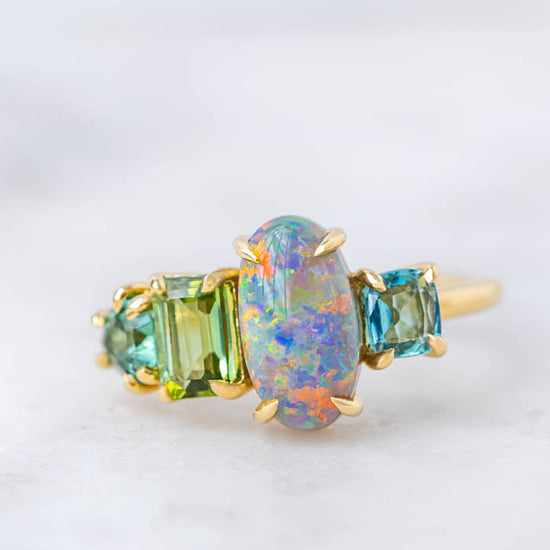 One-off Semi-Black Opal and Tourmaline Splice Ring in 18ct Yellow Gold, Size P (In Stock)