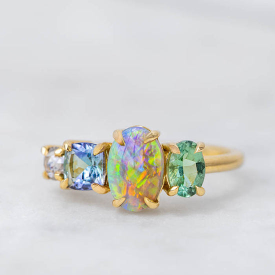 One-off Semi-Black Opal and Tanzanite Splice Ring in 18ct Yellow Gold, Size M (In Stock)