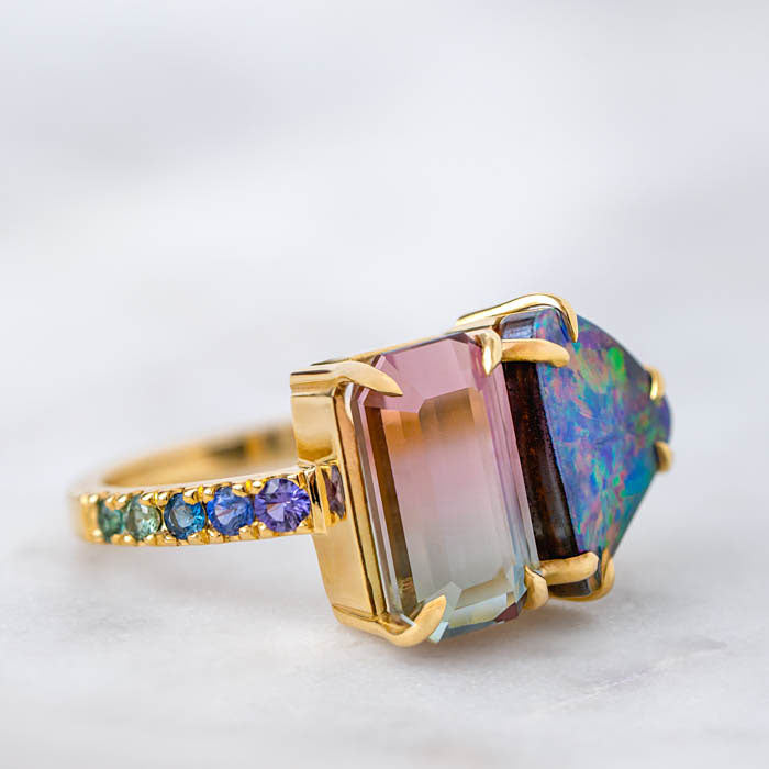 One-off Boulder Opal and Tourmaline Twin Ring in 18ct Yellow Gold, Size P (In Stock)