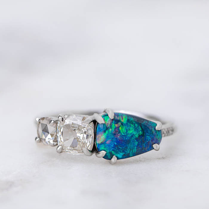 One-off Black Opal and White Diamond Splice Ring in 18ct White Gold, Size O (In Stock)