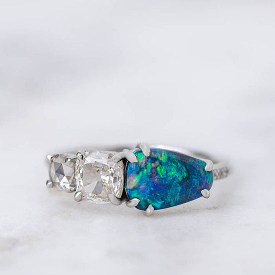 One-off Black Opal and White Diamond Splice Ring in 18ct White Gold, Size O (In Stock)