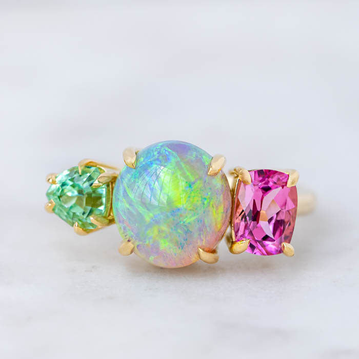 One-off Dark Crystal Opal Splice Ring in 18ct Yellow Gold, Size P (In Stock)