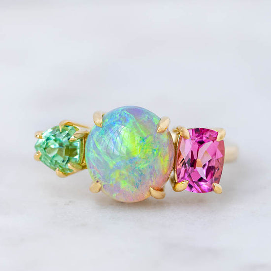 One-off Dark Crystal Opal Splice Ring in 18ct Yellow Gold, Size P (In Stock)