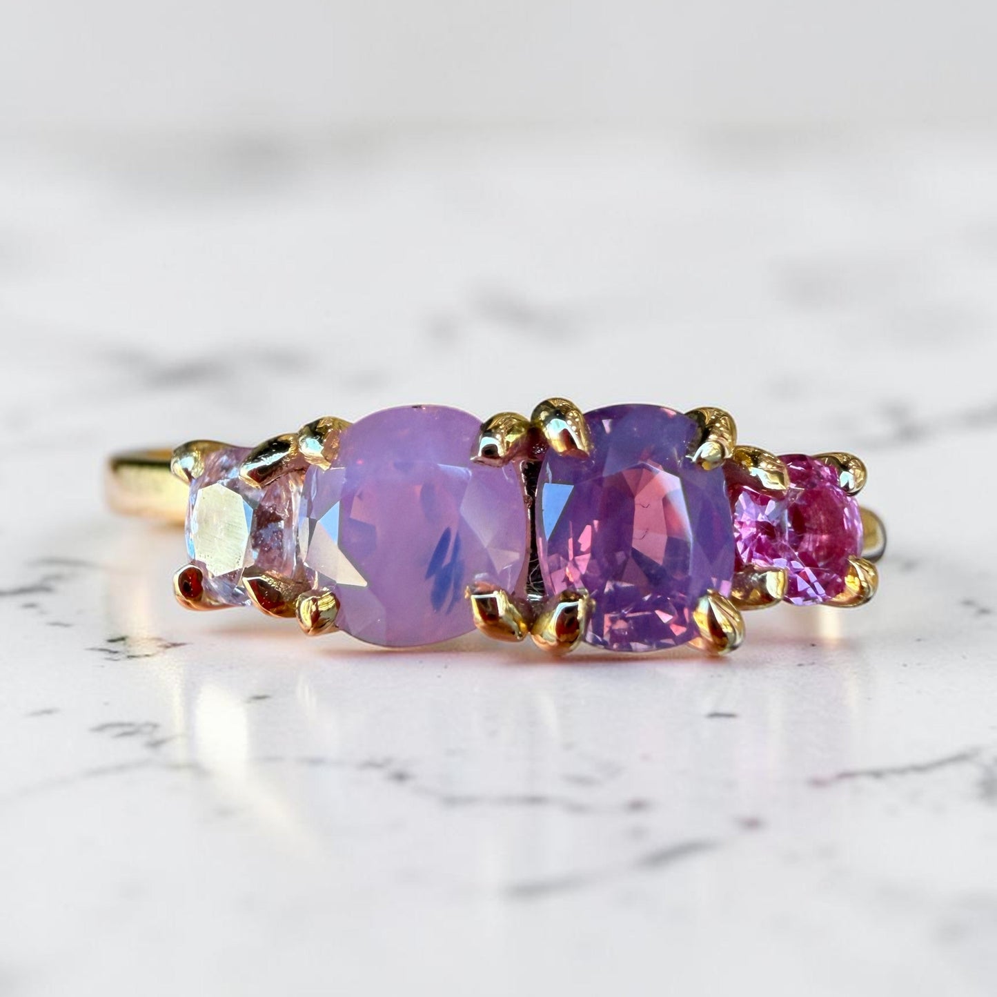 One-off Milky Pink Sapphire Splice Ring in 18ct Yellow Gold, Size M (In Stock)