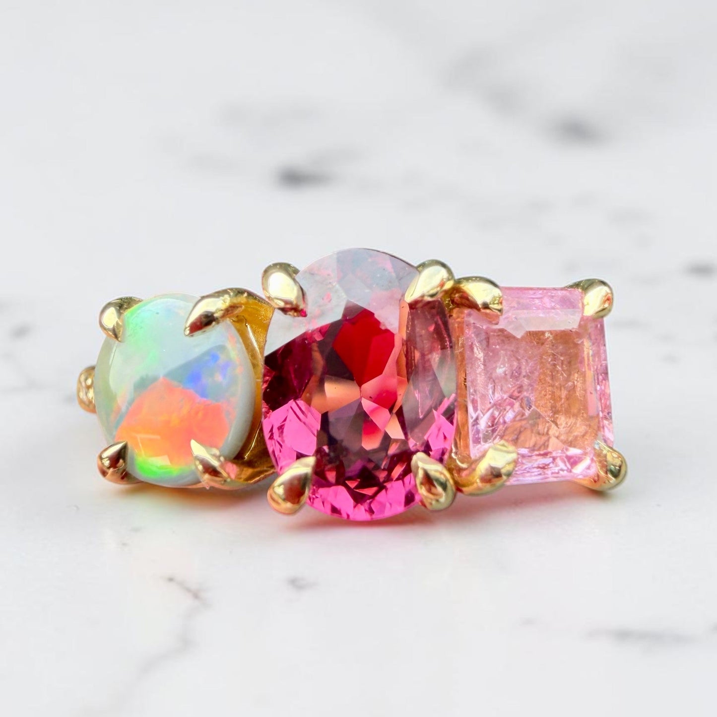 One-Off Black Opal, Purple Garnet And Pink Spinel Splice Ring In 18ct Yellow Gold, Size L (In Stock)