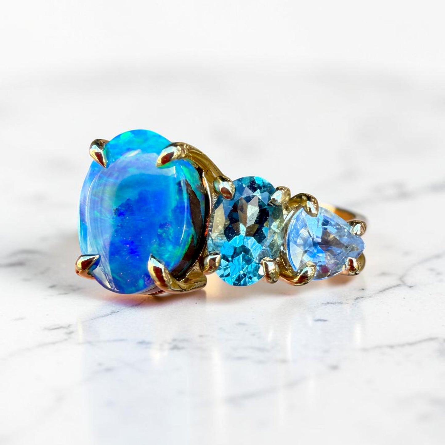 One-off Boulder Opal And Shades Of Blue Splice Ring in 18ct Yellow Gold, Size O (In Stock)