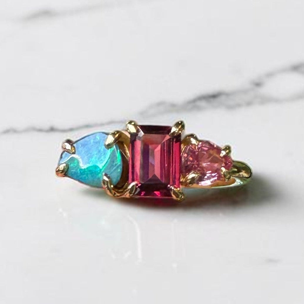 One-off Boulder Opal, Rhodolite Garnet and Pink Sapphire Splice Ring In 18ct Yellow Gold, Size O (In Stock)