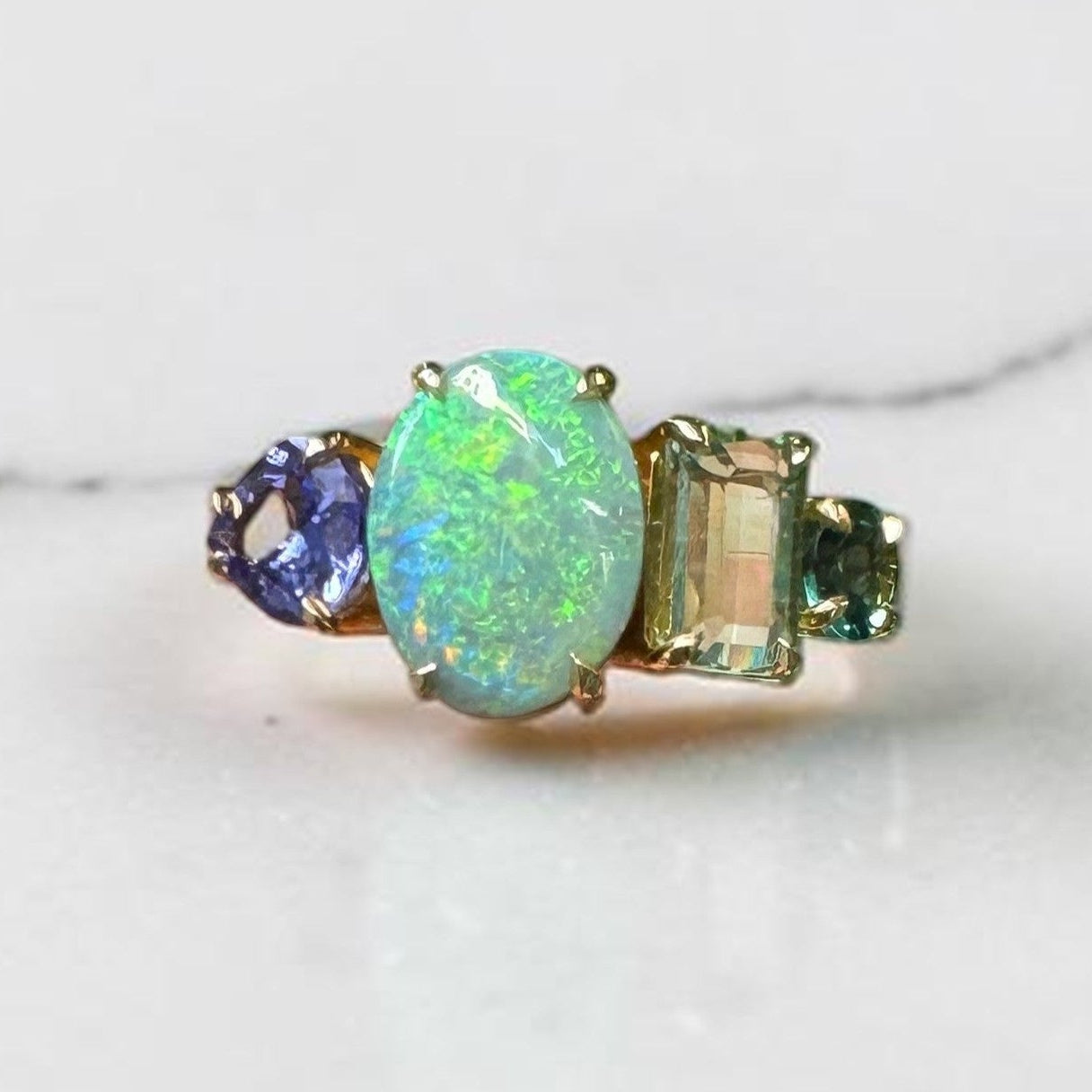One-off Boulder Opal, Tanzanite, Green Tourmaline And Sapphire Splice Ring In 18ct Yellow Gold, Size Q (In Stock)