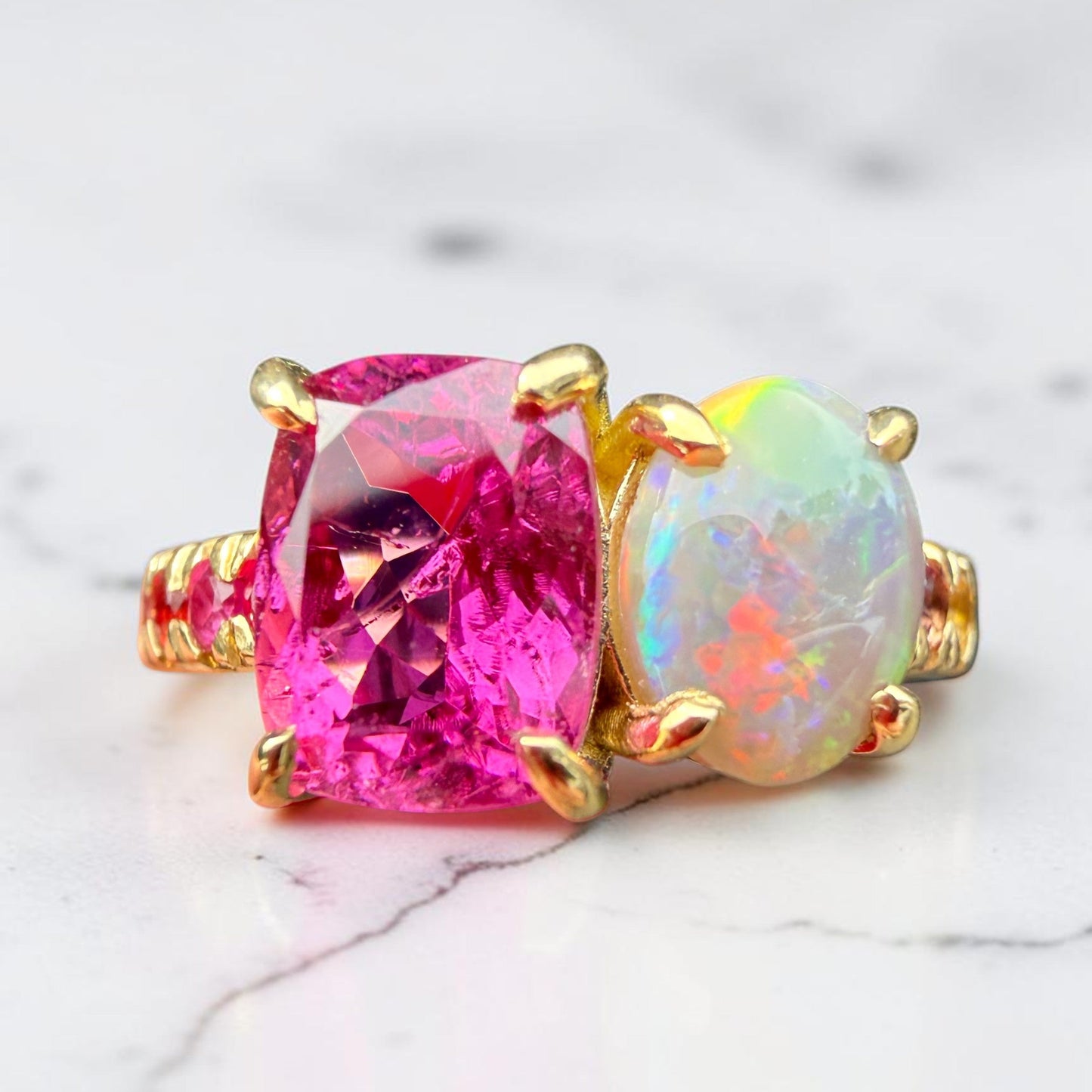 One-off Rubellite Tourmaline And Semi Black Opal Twin Ring in 18ct Yellow Gold, Size M (In Stock)