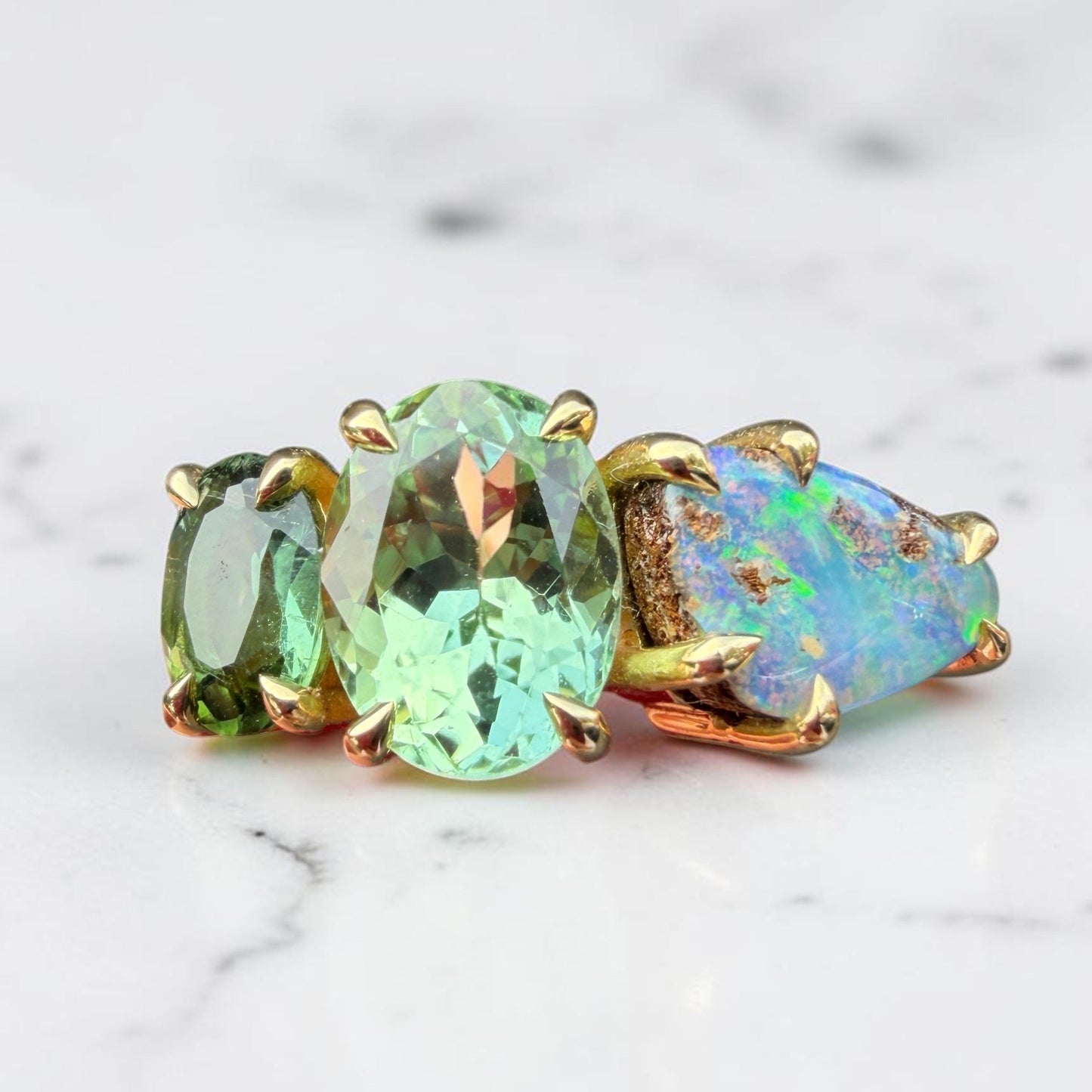 One-Off Boulder Opal And Green Tourmaline Splice Ring In 18ct Yellow Gold, Size M (In Stock)