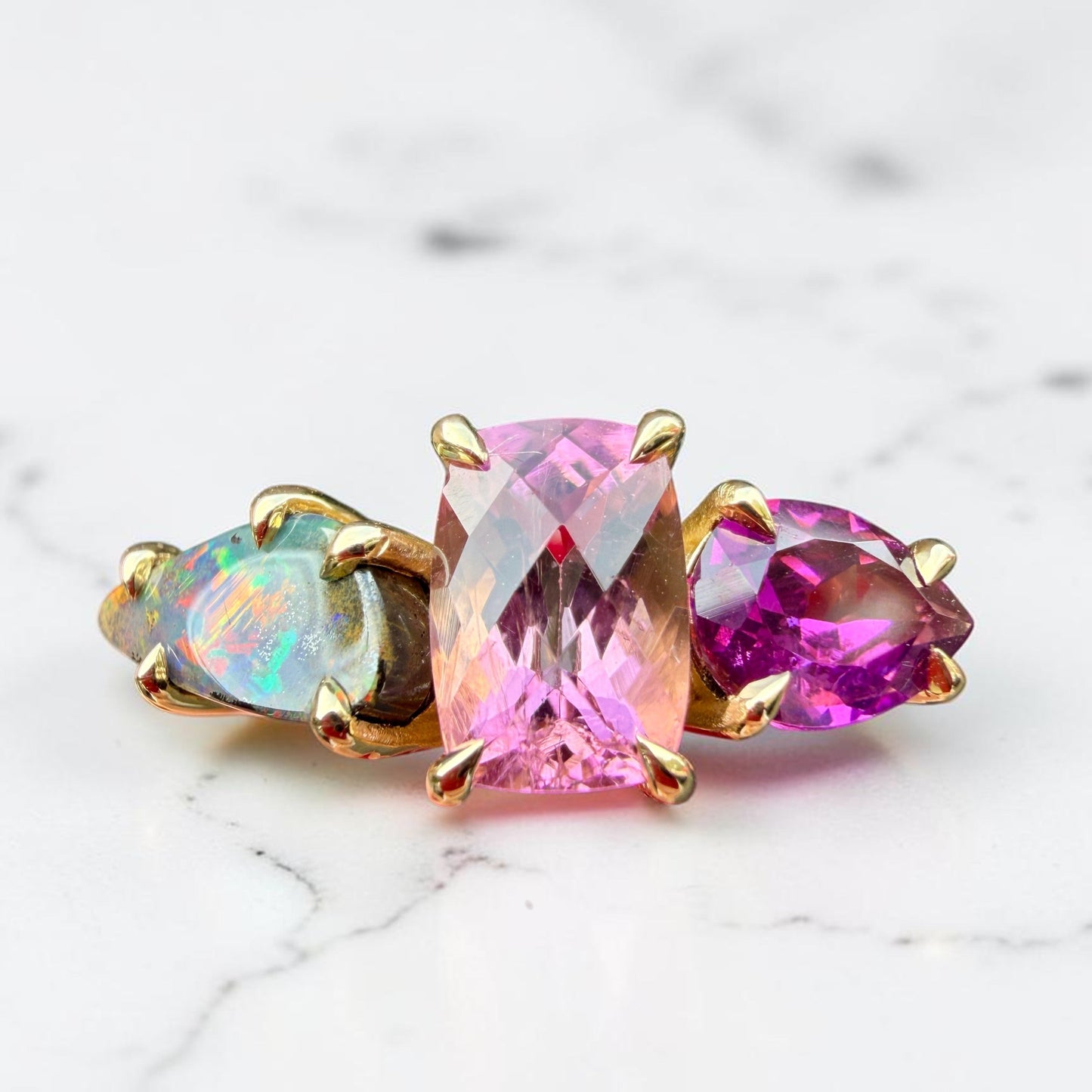 One-Off Boulder Opal, Pink Tourmaline And Rhodolite Garnet Splice Ring In 18ct Yellow Gold, Size N (In Stock)