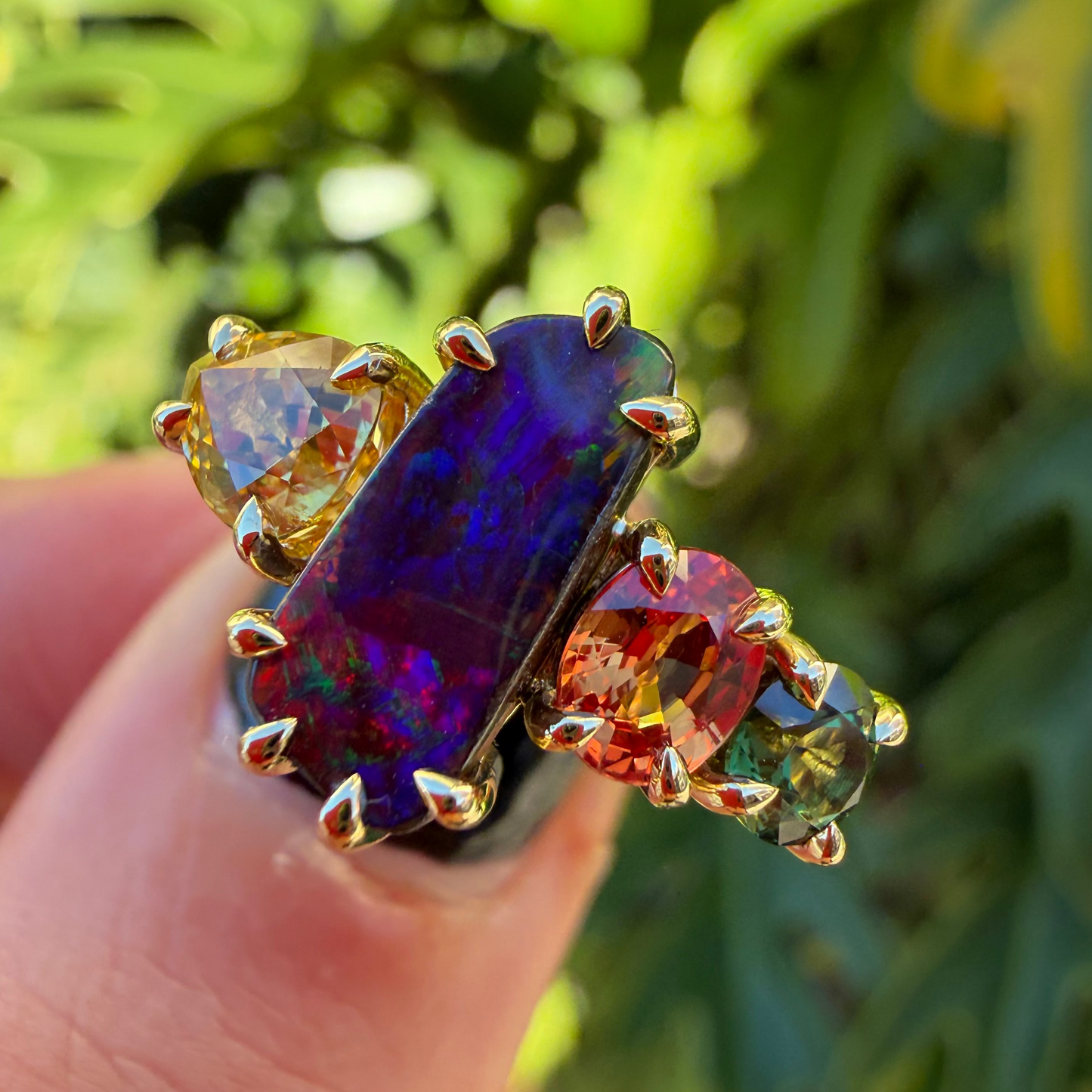 One-off Boulder Opal And Sapphire Splice Ring In 18ct Yellow Gold, Size P and a half (In Stock)