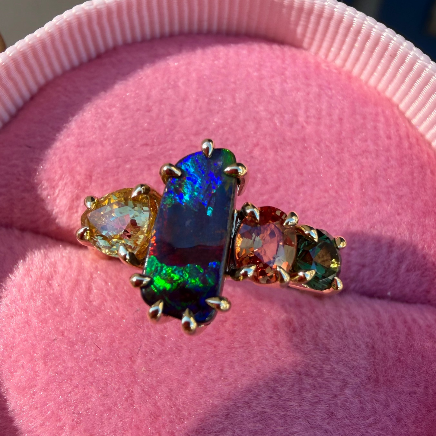 One-off Boulder Opal And Sapphire Splice Ring In 18ct Yellow Gold, Size P and a half (In Stock)