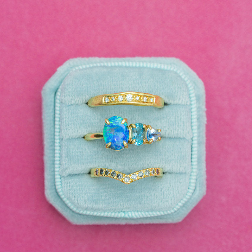 One-off Boulder Opal And Shades Of Blue Splice Ring in 18ct Yellow Gold, Size O (In Stock)