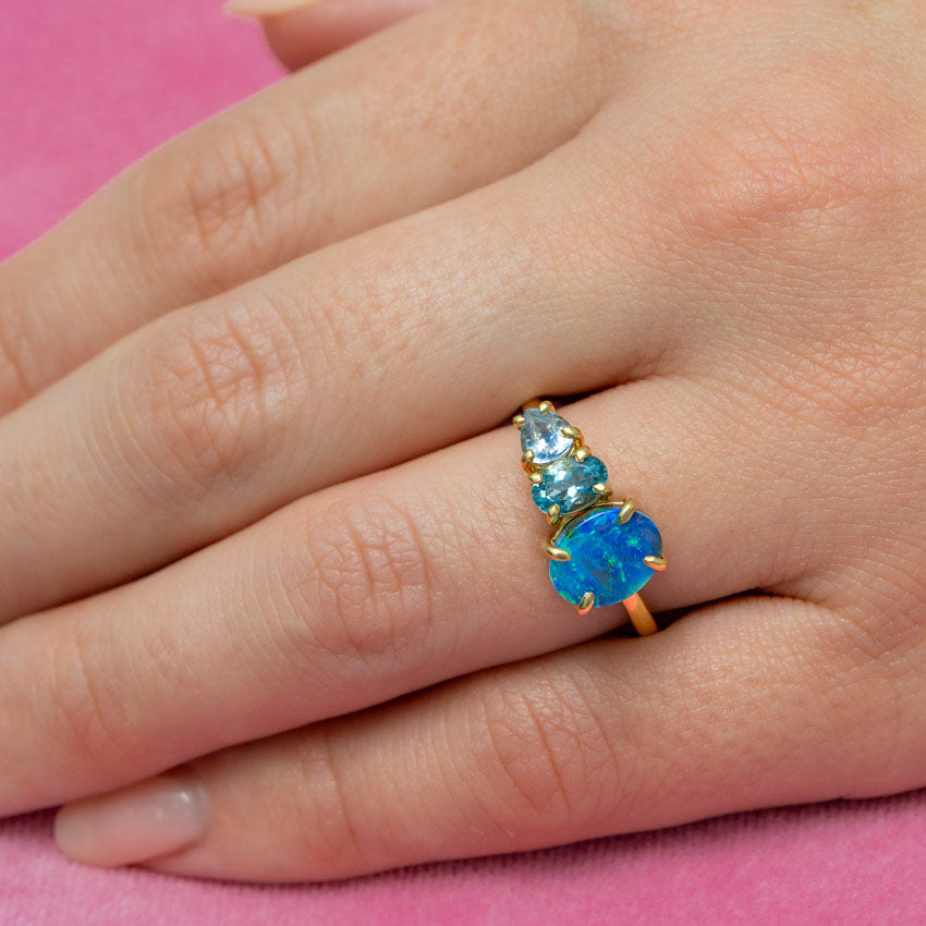 One-off Boulder Opal And Shades Of Blue Splice Ring in 18ct Yellow Gold, Size O (In Stock)