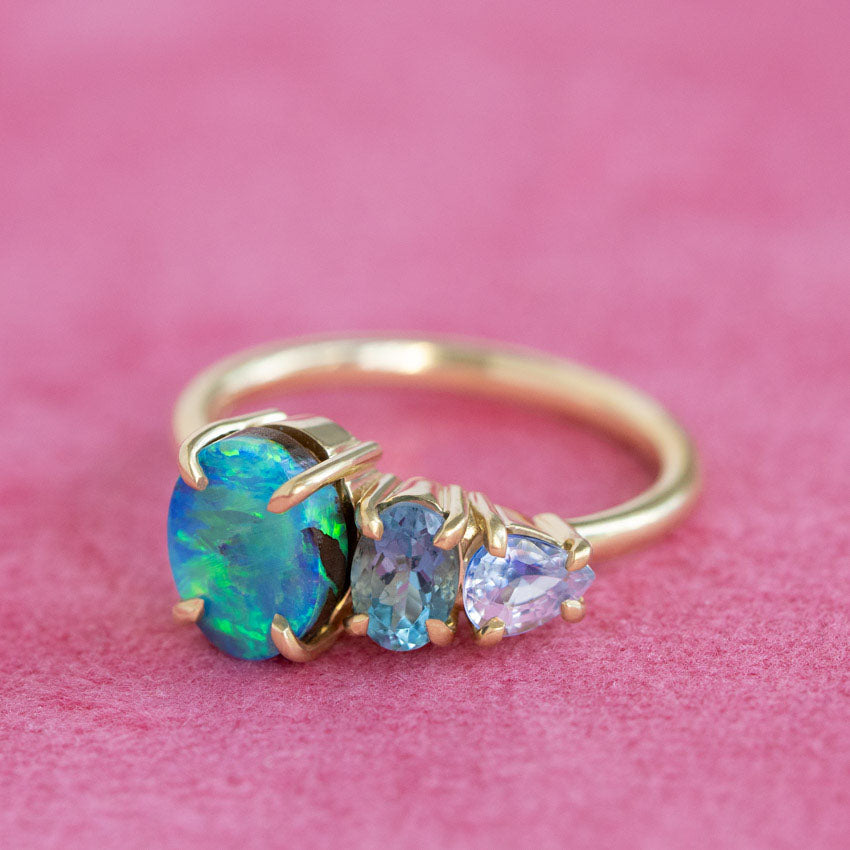 One-off Boulder Opal And Shades Of Blue Splice Ring in 18ct Yellow Gold, Size O (In Stock)