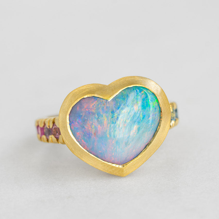 One-off Boulder Opal Heart Ring in 18ct Yellow Gold, Size N (In Stock)