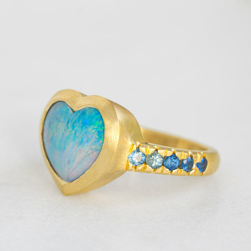 One-off Boulder Opal Heart Ring in 18ct Yellow Gold, Size N (In Stock)