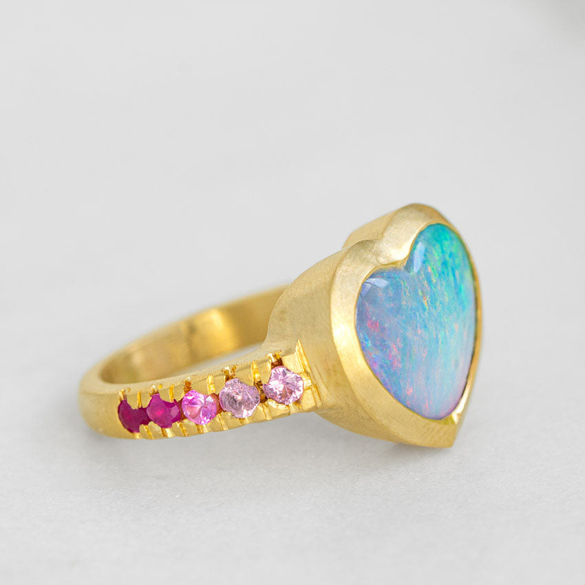 One-off Boulder Opal Heart Ring in 18ct Yellow Gold, Size N (In Stock)