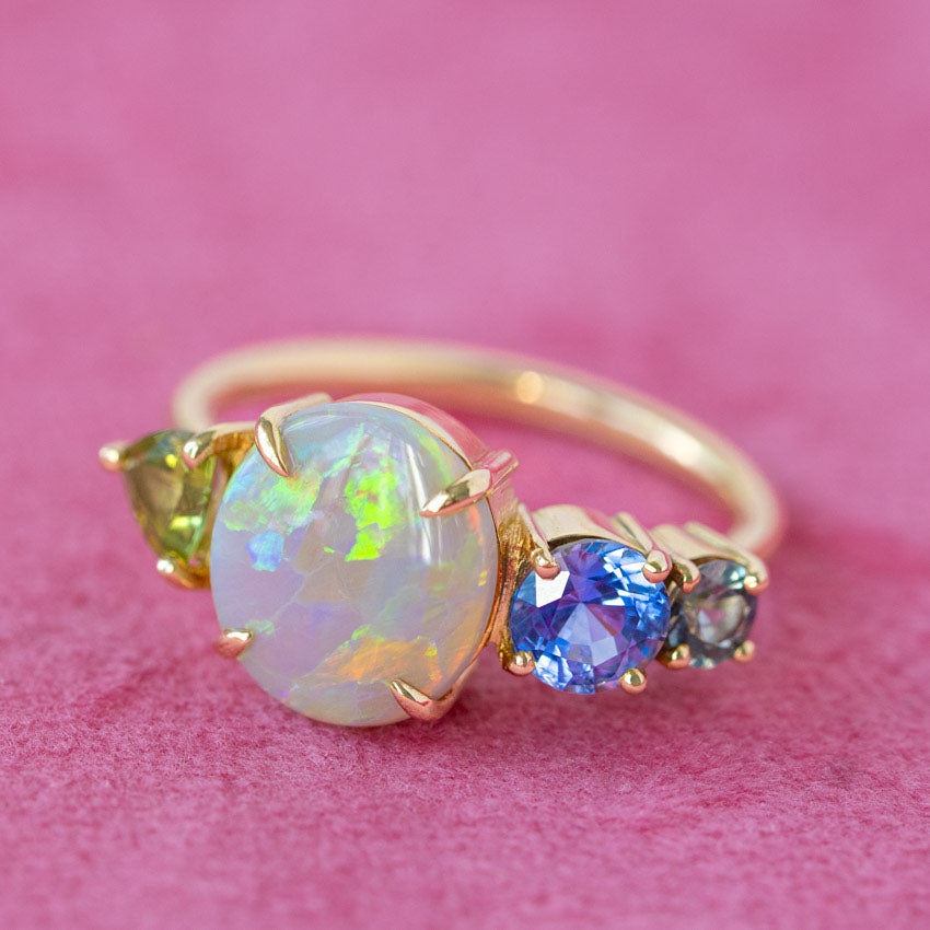 One-off Peridot, Crystal Opal And Blue Sapphire Splice Ring in 18ct Yellow Gold, Size Q (In Stock)
