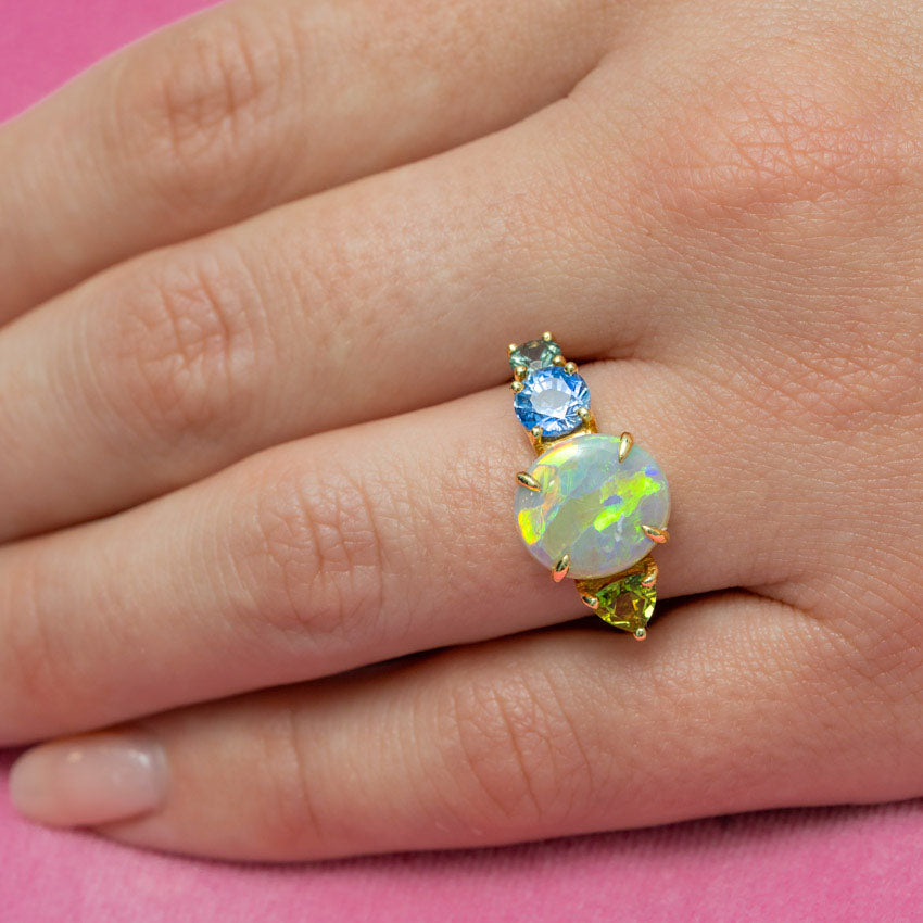 One-off Peridot, Crystal Opal And Blue Sapphire Splice Ring in 18ct Yellow Gold, Size Q (In Stock)