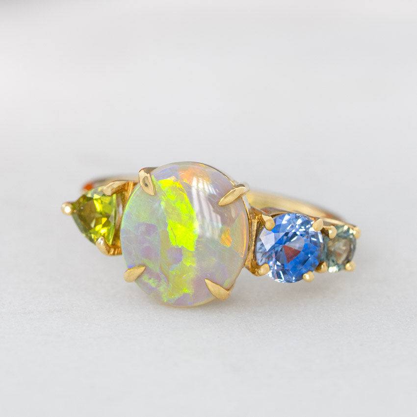 One-off Peridot, Crystal Opal And Blue Sapphire Splice Ring in 18ct Yellow Gold, Size Q (In Stock)