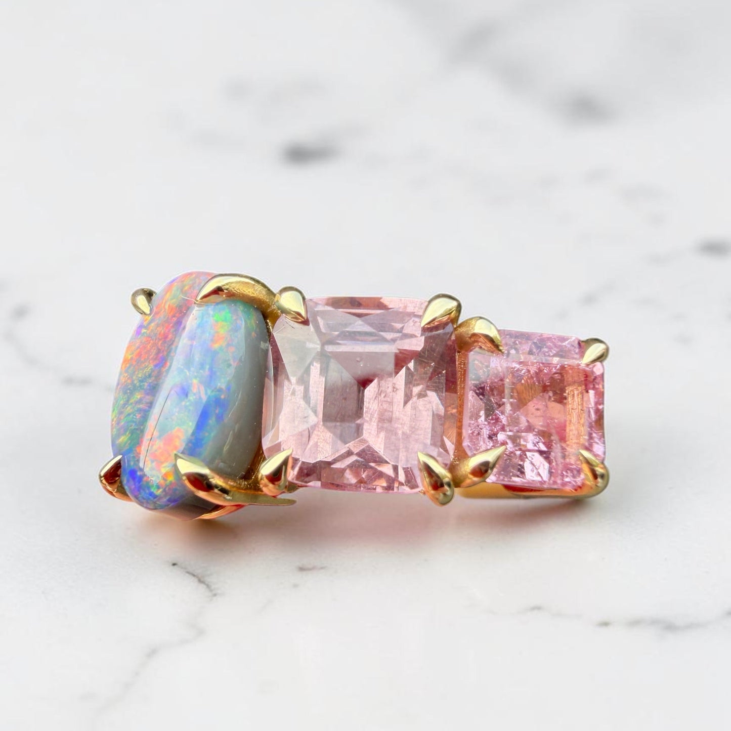 One-off Black Opal, Pink Garnet & Spinel Splice Ring In 18ct Yellow Gold, Size P (In Stock)