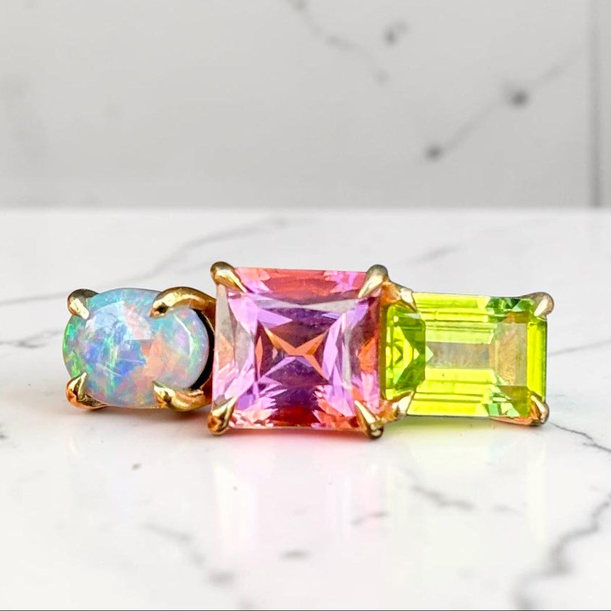 One-off Black Opal, Tourmaline And Peridot Splice Ring in 18ct Yellow Gold, Size P (In Stock)
