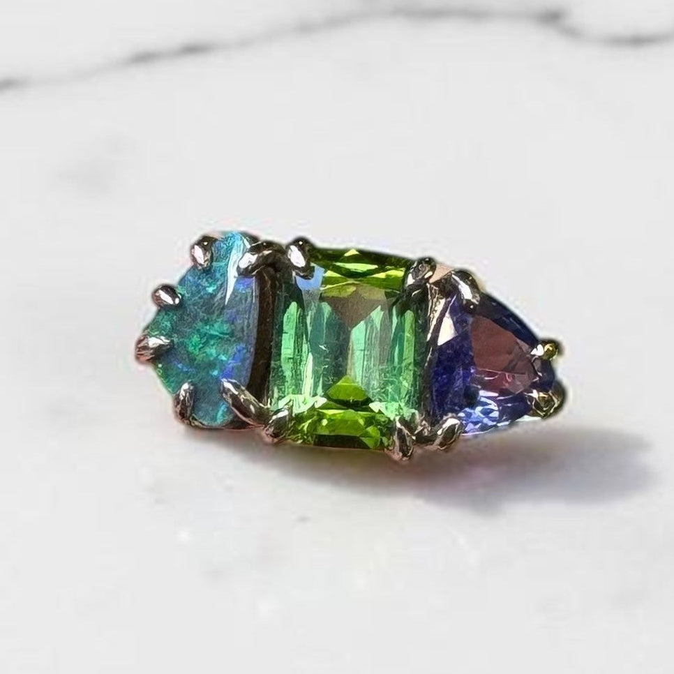 One-off Boulder Opal, Green Tourmaline And Tanzanite Splice Ring In 18ct White Gold, Size M (In Stock)
