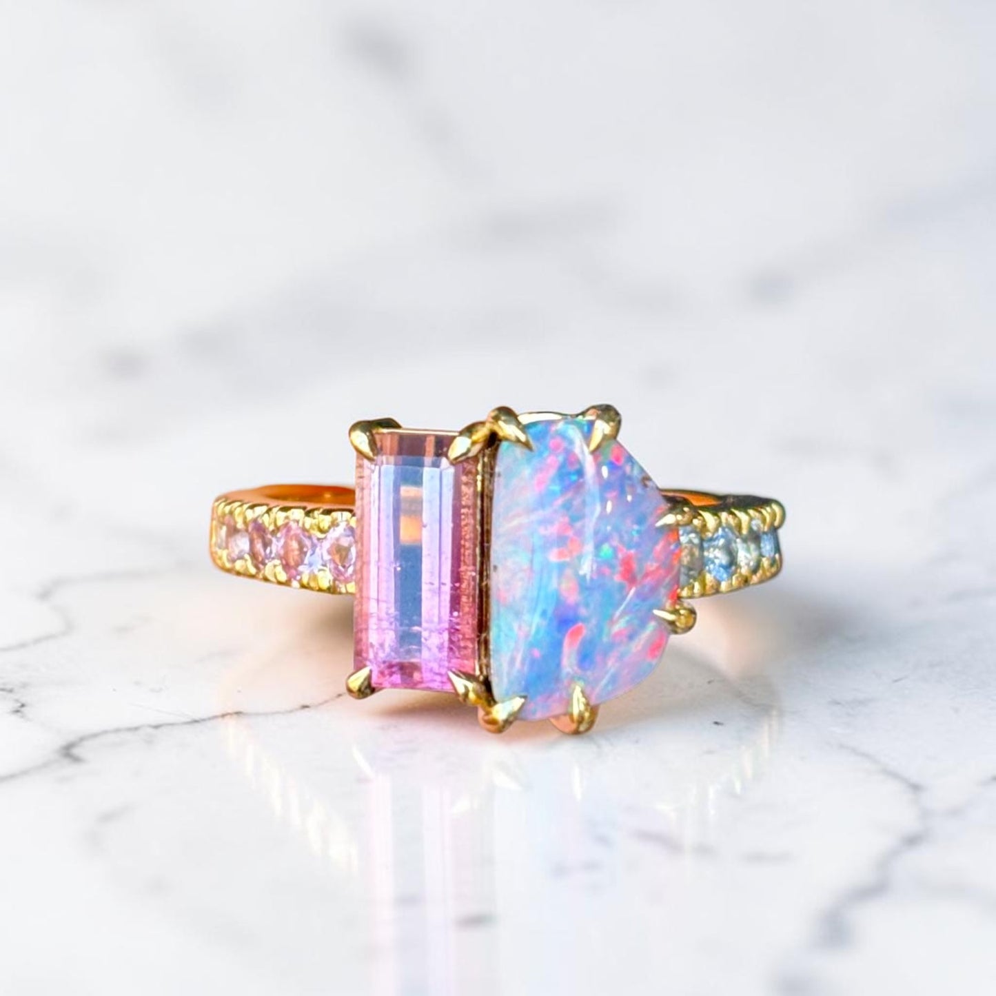 One-off Bi-colour Pink Tourmaline and Boulder Opal Twin Ring in 18ct Yellow Gold, Size O (In Stock)