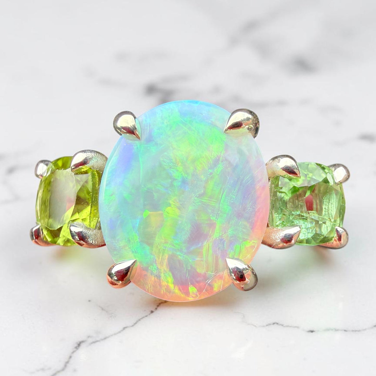 One-off Crystal Opal, Peridot & Green Tourmaline Chunky Splice Ring In Silver, Size N (In Stock)