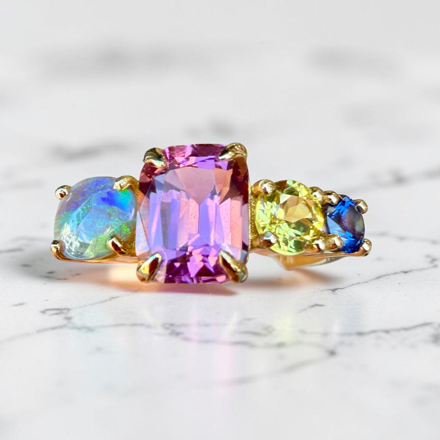 One-off Fruit Salad Splice Ring in 18ct Yellow Gold, Size P (In Stock)