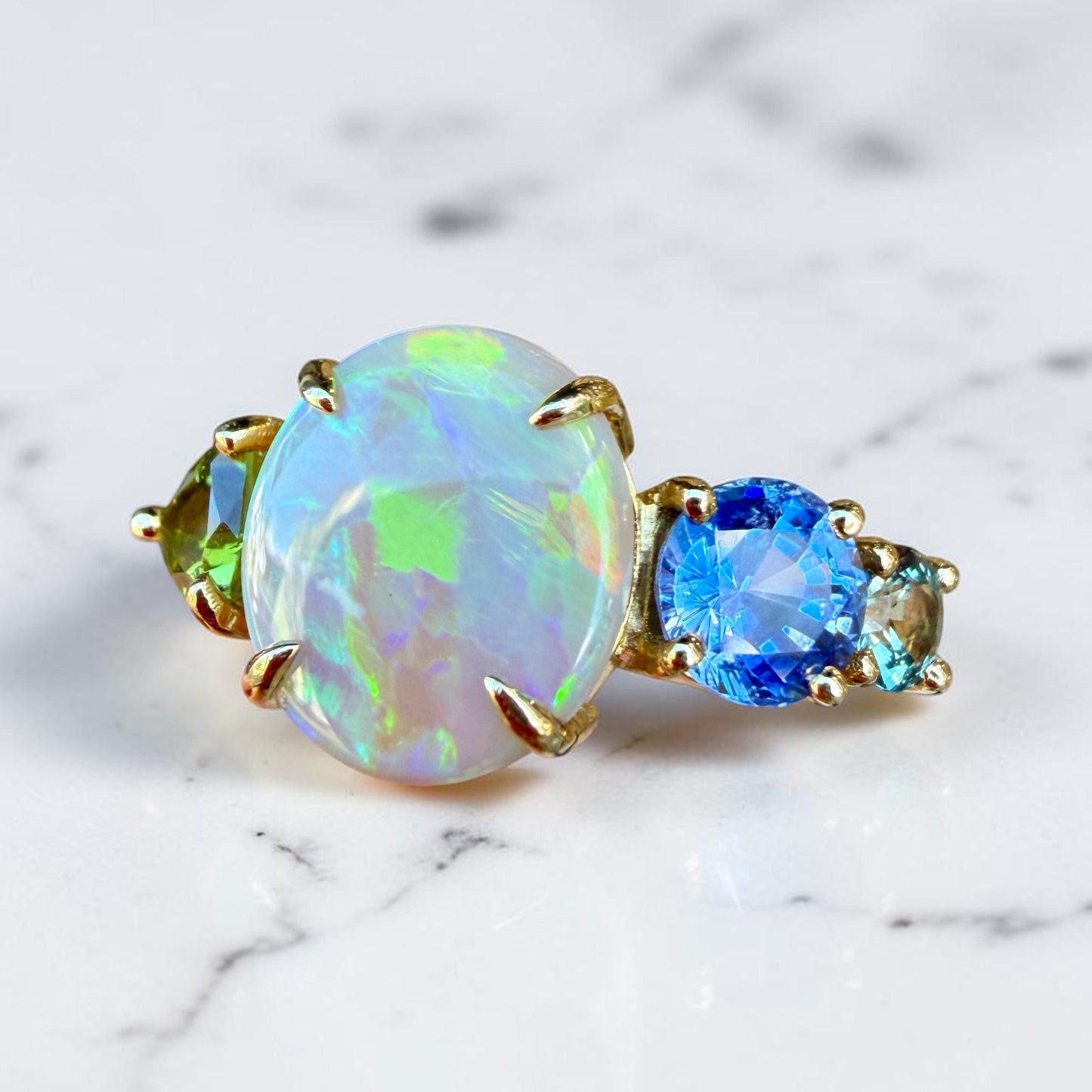 One-off Peridot, Crystal Opal And Blue Sapphire Splice Ring in 18ct Yellow Gold, Size Q (In Stock)