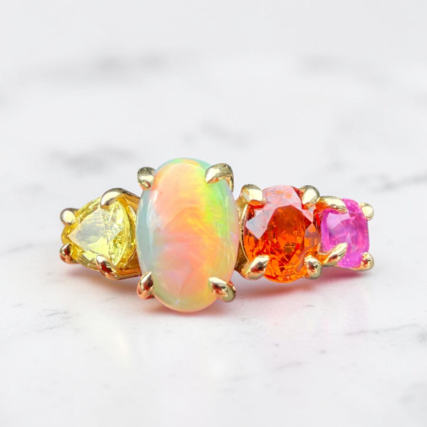 One-off Semi-Black Opal And Sapphire Splice Ring In 18ct Yellow Gold, Size M (In Stock)