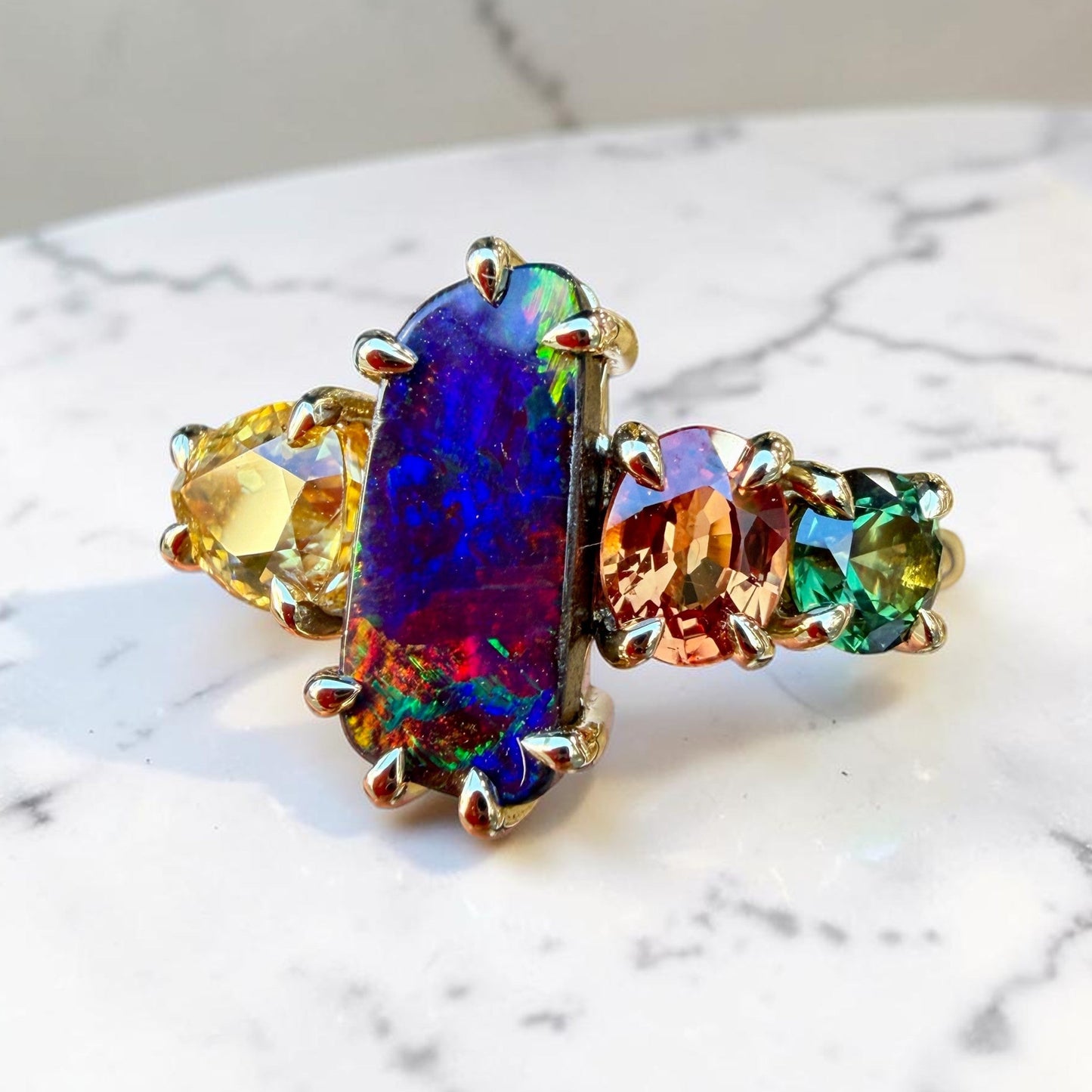 One-off Boulder Opal And Sapphire Splice Ring In 18ct Yellow Gold, Size P and a half (In Stock)