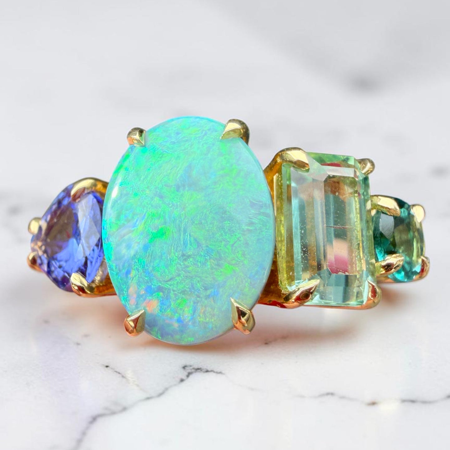 One-off Boulder Opal, Tanzanite, Green Tourmaline And Sapphire Splice Ring In 18ct Yellow Gold, Size Q (In Stock)