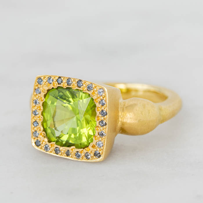 One-off Peridot and Salt and Pepper Diamond Talisman Ring in 18ct Yellow Gold, Size L (In Stock)