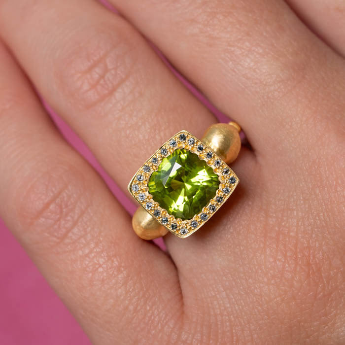 One-off Peridot and Salt and Pepper Diamond Talisman Ring in 18ct Yellow Gold, Size L (In Stock)