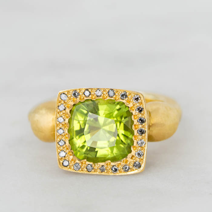 One-off Peridot and Salt and Pepper Diamond Talisman Ring in 18ct Yellow Gold, Size L (In Stock)
