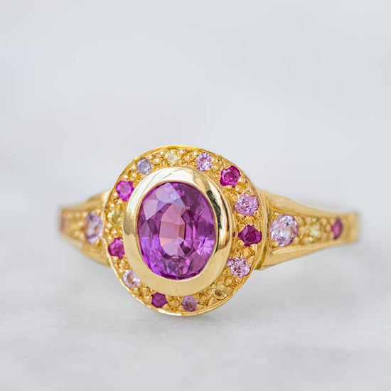 Shades of Pink Sapphire Roman Ring in 18ct Yellow Gold, Size O (In Stock)