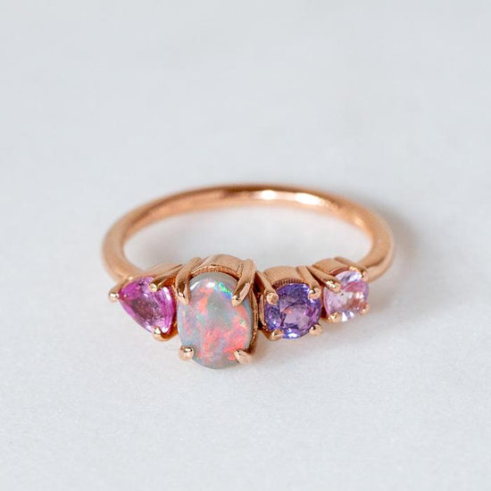 Opal And Pinks Sapphire Splice Ring in 14ct Yellow Gold, Size O (In Stock)