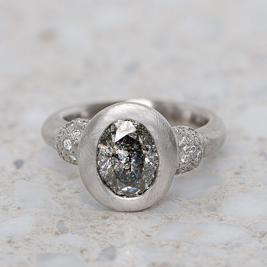 Salt and Pepper Diamond Talisman in 18ct White Gold, Size P and a half (In Stock)