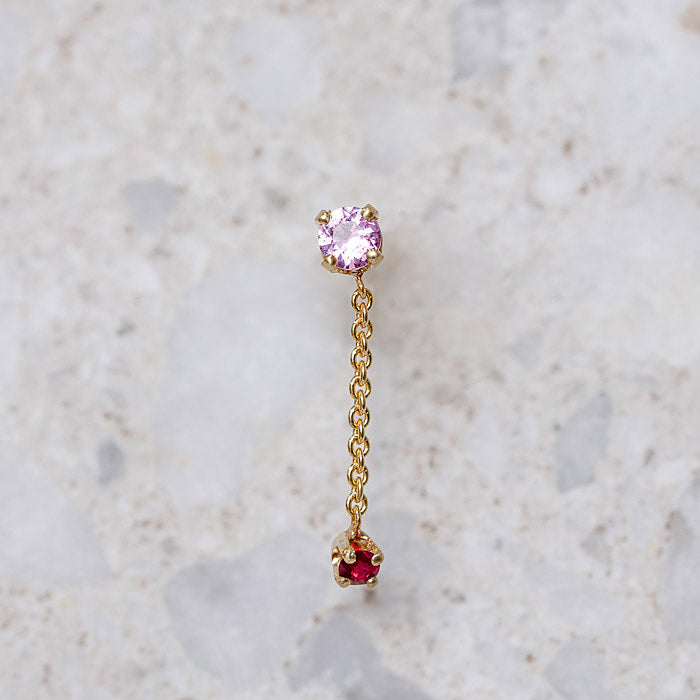 Pink Sapphire and Ruby Waterfall Single Stud In 14ct Yellow Gold (In Stock)
