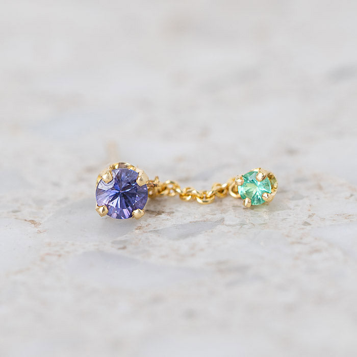 Purple Sapphire and Emerald Waterfall Single Stud In 14ct Yellow Gold (In Stock)