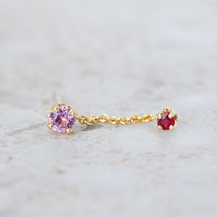 Pink Sapphire and Ruby Waterfall Single Stud In 14ct Yellow Gold (In Stock)